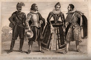Kostymer under styret til Henry IV (1590). Gravering fra 1859 i “” Le Monde. Alle folkeslags historie fra de fjerneste tider til i dag». av M. E. de Lostalot-Bachoue (Lostalot Bachoue). Privat samling. av Anonymous Anonymous