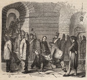 Kobling ved Rochefort bagne på 1800-tallet. Gravering i "Fengselshistorie fra deres opprettelse til i dag"" (1877) av Pierre Zaccone (1817-1895) (Colonia Penale - straffekoloni). Privat samling. av Anonymous Anonymous