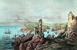 Crimee War: utsikt over Balaklava havn i Crimee. Gravering rundt 1854-1855. Privat samling av Anonymous Anonymous