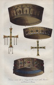 Kroner av Suverians of the Lombard Kingdom (568-774), bevart i Basilica of Saint John of Monza - Ulike kroner av Lombard-kongene bevart i Basilica of San Giovanni di Monza - gravering fra "" Usi e Costumi di Tutti i i Popoli dell av Anonymous Anonymous
