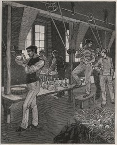 Krystallgraververksted i Frankrike på 1800-tallet. Gravering fra 1885 i "" Les arts et metiers illustres"" av Adolphe BITARD. av Anonymous Anonymous