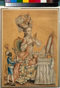 Lady at a Toilet with a Black Boy - Anonymt verk, Akvarell på papir ca. 1770 (29,2 x 21,2 cm) - Tretyakov-statens galleri, Moskva av Anonymous Anonymous