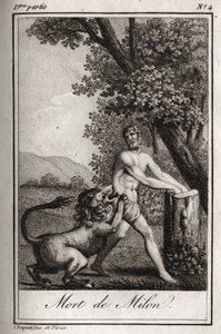 Death of Milon de Crotone (Milo of Croton) devore by a wolf. Engraving from 1819 in “Lettres a Emilie sur la mythologie” by Charles Albert Demoustier (1760-1801). Private collection. av Anonymous Anonymous