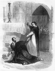 Inkvisitoren Pedro (Peter) av Arbues (1441/1442 - 1485) døde i katedralen i Zaragoza (Zaragoza) i september 1485. Illustrasjon i "" Mysteres of the Inquisition and Other Secret Societies of Spain"" Av Victor de Fereal, Suberwick, Manuel av Anonymous Anonymous