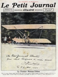 Dedikert portrett av den franske oppfinneren og syklisten Gabriel Poulain ombord på sin "aviette", en sykkel utstyrt med biplanvinger som gjorde at han kunne fly noen meter uten motor. Illustrasjon hentet fra "" Le petit journal illustrious"" av 24.07.1921 av Anonymous Anonymous