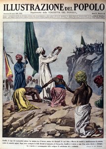 Demonstrasjon ledet av den politiske lederen Mohandas Karamchand Gandhi (1869-1948) for å protestere mot engelske myndigheter, som skildrer en seremoni under den såkalte Martyrs-marsjen mot Jalaipur. Illustrasjon hentet fra "" L