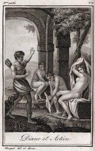 Diane and Acteon (Diana and Actaeon) Diane surprised in the bath by the hunter Acteon. Engraving from 1819 in “Lettres a Emilie sur la mythologie” by Charles Albert Demoustier (1760-1801). Private collection. av Anonymous Anonymous