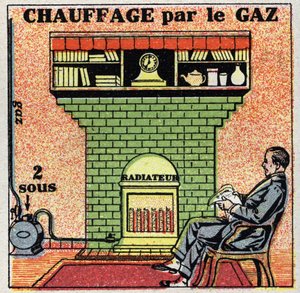 Boligoppvarming: gassoppvarming. Anonym illustrasjon fra 1925. Privat samling. av Anonymous Anonymous