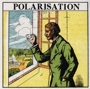 Double refraction: Etienne Louis Malus (1775-1812) observes through a spath the light of the setting sun reflected by the glass windows of Luxembourg in 1808. Anonymous illustration from 1925. Private collection. av Anonymous Anonymous