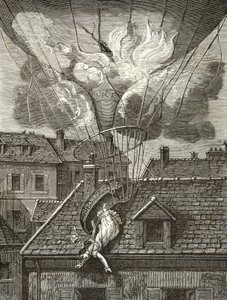 Dramatisk død av Madame Sophie Blanchard (1778-1819), aeronaute 6. juli 1819 over hagene til Tivoli i Paris, gravering, privat samling av Anonymous Anonymous