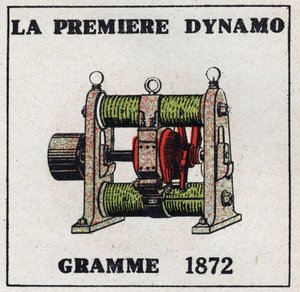 Dynamo: den første dynamoen oppfunnet av Zenobe Theophile Gram (1826-1901) i 1872. Anonym illustrasjon fra 1925. Privat samling. av Anonymous Anonymous