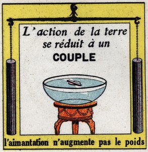 Jordmagnetisme: Jordens handling reduseres til et par, magnetisering øker ikke vekten. Anonym illustrasjon fra 1925. Privat samling. av Anonymous Anonymous