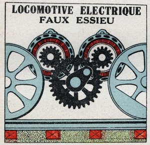 Elektriske jernbaner: falsk aksel på et elektrisk lokomotiv. Anonym illustrasjon fra 1925. Privat samling. av Anonymous Anonymous