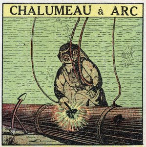 Electric tools: arc torch used by a scaphandler at the bottom of the water. Anonymous illustration from 1925. Private collection. av Anonymous Anonymous