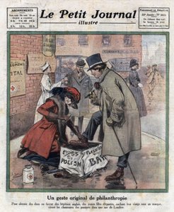 Elegante unge jenter, ansiktet deres gjemmer seg bak en maske, vokser skoene til London forbipasserende for å samle inn penger til engelske sykehus. Illustrasjon hentet fra "" Le petit journal illustrious""" av 06/11/1921. Privat samling av Anonymous Anonymous