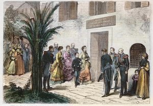 Keiserinne Eugenia og prins keiserlige Louis Napoleon besøker huset der Napoleon I ble født, i Ajaccio, Korsika, Frankrike 1869 - reise til den keiserlige og keiserlige prinsen - besøk til hjemmet til Napoleon I til Ajaccio - 1869 av Anonymous Anonymous