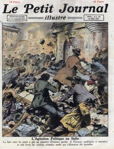 Emuterer i Firenze mellom kommunister og fascister 27. februar. Intervensjon av carabinieri. Illustrasjon hentet fra "" Le petit journal"" av 13/03/1921. Privat samling av Anonymous Anonymous
