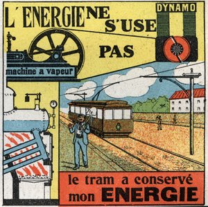 Energi slites ikke ut: elektrisitetsproduksjon med en dynamo som mater dampmaskinen til en trikk. Anonym illustrasjon fra 1925. Privat samling. av Anonymous Anonymous