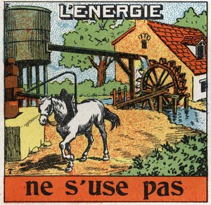 Energy does not wear out: horse attaches to a manege and hears water in a reservoir. Anonymous illustration from 1925. Private collection. av Anonymous Anonymous