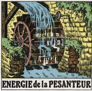 Energy of gravity: wheel of a water mill. Anonymous illustration from 1925. Private collection. av Anonymous Anonymous