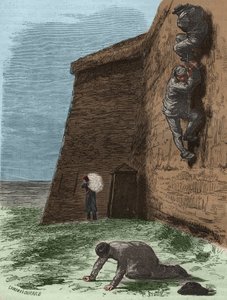 Flukt fra fengselet i Rochefort på 1800-tallet. Gravering i "Fengselshistorie fra deres opprettelse til i dag"" (1877) av Pierre Zaccone (1817-1895) (Colonia Penale - straffekoloni). Privat samling. av Anonymous Anonymous