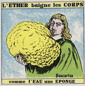 Eter (materiale): Rene Descartes (1596-1650) finner ut at eteren bader kroppene som vann en svamp. Anonym illustrasjon fra 1925. Privat samling. av Anonymous Anonymous