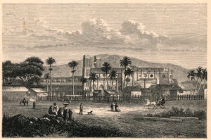 Utvendig utsikt over katedralen i Port of Spain i Trinidad og Tobago, Trinidad og Tobago. Gravering i "The Catholic Missions in the Nineteenth Century" av Louis-Eugene (Louis Eugene) Louvet. privat samling. av Anonymous Anonymous