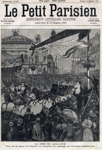 Fest for den fransk-russiske alliansen (fransk-russisk): utsikt over operaplassen under passasjen av presidentkortegen til Felix Faure (1841-1899). I "" Le Petit Parisien"" den 12.09.1897. Privat samling av Anonymous Anonymous