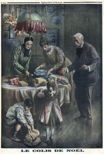 Første verdenskrig 1914-1918 (krig 14-18). Julegave: Barn mottar og pakker ut pakker de fikk av faren sin på slagmarken på julaften. I "" Le Petite Journal"", 24.12.1916. Privat samling av Anonymous Anonymous