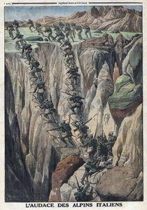 Første verdenskrig 1914-1918 (krig 14-18). Italienske soldater klatrer toppen av Cauriol i Fiemme-alpene i Italia. I "" Le Petite Journal", 8. oktober av Anonymous Anonymous