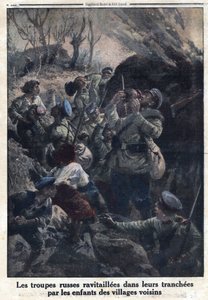 First World War 1914-1918 (War 14-18). Russian military troops refueled in their trenches by children from neighboring villages. In “” Le Petite Journal””, on 02/04/1916. Private Collection av Anonymous Anonymous