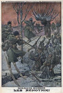 Første verdenskrig 1914-1918 (krig 14-18). Russiske soldater Ahotniki på ski skyter tyske soldater. I "" Le Petite Journal"", 23.01.1916. Privat samling av Anonymous Anonymous