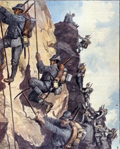 Første verdenskrig: "" Italienske alpejegere (alpino eller alpini) klatrer en vegg i de italienske alpene av Anonymous Anonymous