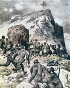 Første verdenskrig: "" Italienske alpejegere (alpino eller alpini) som klatrer til toppen av Cauriol, italienske alper"" 1916 Illustrasjon fra "La domenica del corriere"" av Anonymous Anonymous