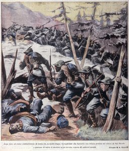 Første verdenskrig: "" Italienske alpejegere (alpino eller alpini) tar tilbake fra fiender Pal Piccolo, italienske alper"" 1916 Illustrasjon fra "La domenica del corriere"" av Anonymous Anonymous