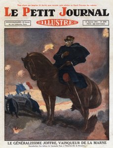 Første verdenskrig: portrett av general Joseph Joffre (1852-1931) på hesteryggen, representert som seierherre på slagmarken i La Marne (september 1914)» Illustrasjon fra et maleri av Constantine Font. Gravering fra "Le petit journal illustrious"& av Anonymous Anonymous