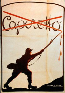 Første verdenskrig: plakat publisert i anledning nederlaget til Caporetto (eller slaget ved Karfreit) i slutten av oktober 1917 som representerer en soldat fra den italienske hæren som fjernet navnet "Caporetto" fra spissen av baonetten hans. Ill av Anonymous Anonymous