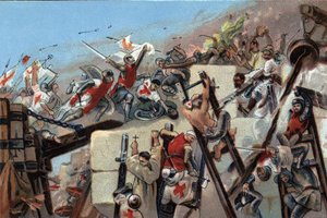 Første korstog (1096-1099): erobringen av Jerusalem av kryssene ledet av Godefroy (Godefroi) av Bouillon (1061-1100) 15. juli 1099. Reklamekromolitografi av Antoine-sjokolade i Brussel, begynnelsen av det 20. århundre. Privat samling av Anonymous Anonymous