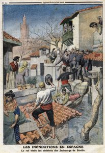 Flom i Spania: Kong Alfonso XIII (1886-1941) besøker de skumle forstedene til Sevilla. Gravering i "" Le Petite Journal"", 25.02.1912. Privat samling. av Anonymous Anonymous