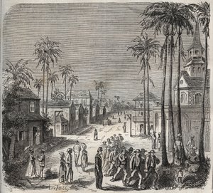 Forkatter som skal jobbe ved tukthuset Saint-Laurent (Saint-Laurent) i Cayenne (Fransk Guyana) på 1800-tallet. Gravering i "Fengselshistorien fra deres opprettelse til i dag"" (1877) av Pierre Zaccone (1817-1895) (Colonia Penale - straffekoloni) av Anonymous Anonymous