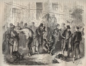 Forkatter som selger eiendelene sine før de gikk inn i Toulon Bagne på 1800-tallet. Gravering i "Fengselshistorie fra deres opprettelse til i dag"" (1877) av Pierre Zaccone (1817-1895) (Colonia Penale - straffekoloni). Privat samling. av Anonymous Anonymous