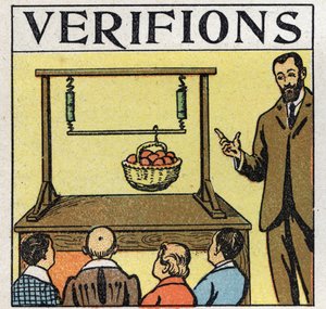 Forces: parallel forces. Basket of apples lift with a pole held by two springs. Anonymous illustration from 1925. Private collection. av Anonymous Anonymous