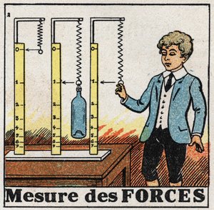 Forces: use of springs called dynamometers to measure forces. Anonymous illustration from 1925. Private collection. av Anonymous Anonymous
