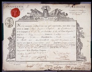 Fransk revolusjon: offisielt dokument av militær conge datert 5 Prairial år IV (24/05/1796) av en løytnant fra brigaden i distriktet Cambrai. Avdelingsarkivet Nord Lille av Anonymous Anonymous