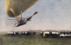 Fra Compiegne til London med luftskip: landingen av Bayard-Clement (Bayard Clement) til Wormwood Scrubbs. Gravering. En av avisen "" Le petit parisien"" den 30.10.1910. Privat samling. av Anonymous Anonymous