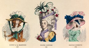Fra venstre til kråke: Hat a la mariniere i 1787; Grande Hairstyle i 1785 og Hat Bonnette i 1786 - privat samling av Anonymous Anonymous