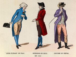 Fra venstre til høyre: En ung elegant i frac; En borger i sorg og en hestedress i 1786 - privat samling av Anonymous Anonymous
