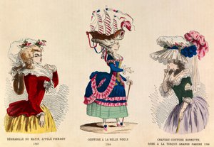 Fra venstre til høyre: Deshabille du matin kalt Pierrot i 1787; Frisyre a la Belle Choule i 1780; Hatt hatt og kjole en tyrkisk flott utsmykning i 1786 - privat samling av Anonymous Anonymous