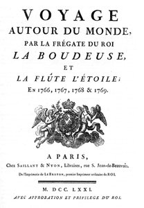 Frontispice fra 1771 av boken "Voyage Around the World by the King
