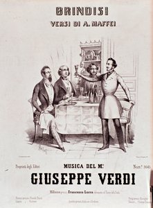 Frontispice av musikalsk partitur av Brindisi av Giuseppe Verdi etter Andrea Maffei-poesi av Anonymous Anonymous